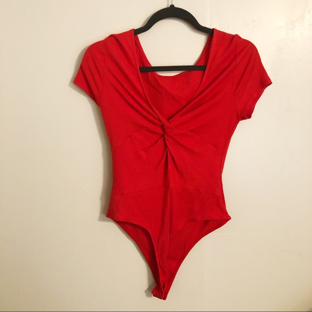 Lush Red Bodysuit Leotard V Neck Top Size Large